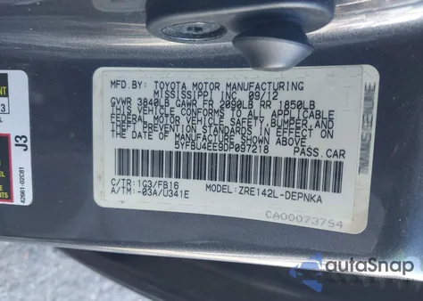 2013 Toyota Corolla Le из США, поврежденный, VIN 5YFBU4EE9DP097218